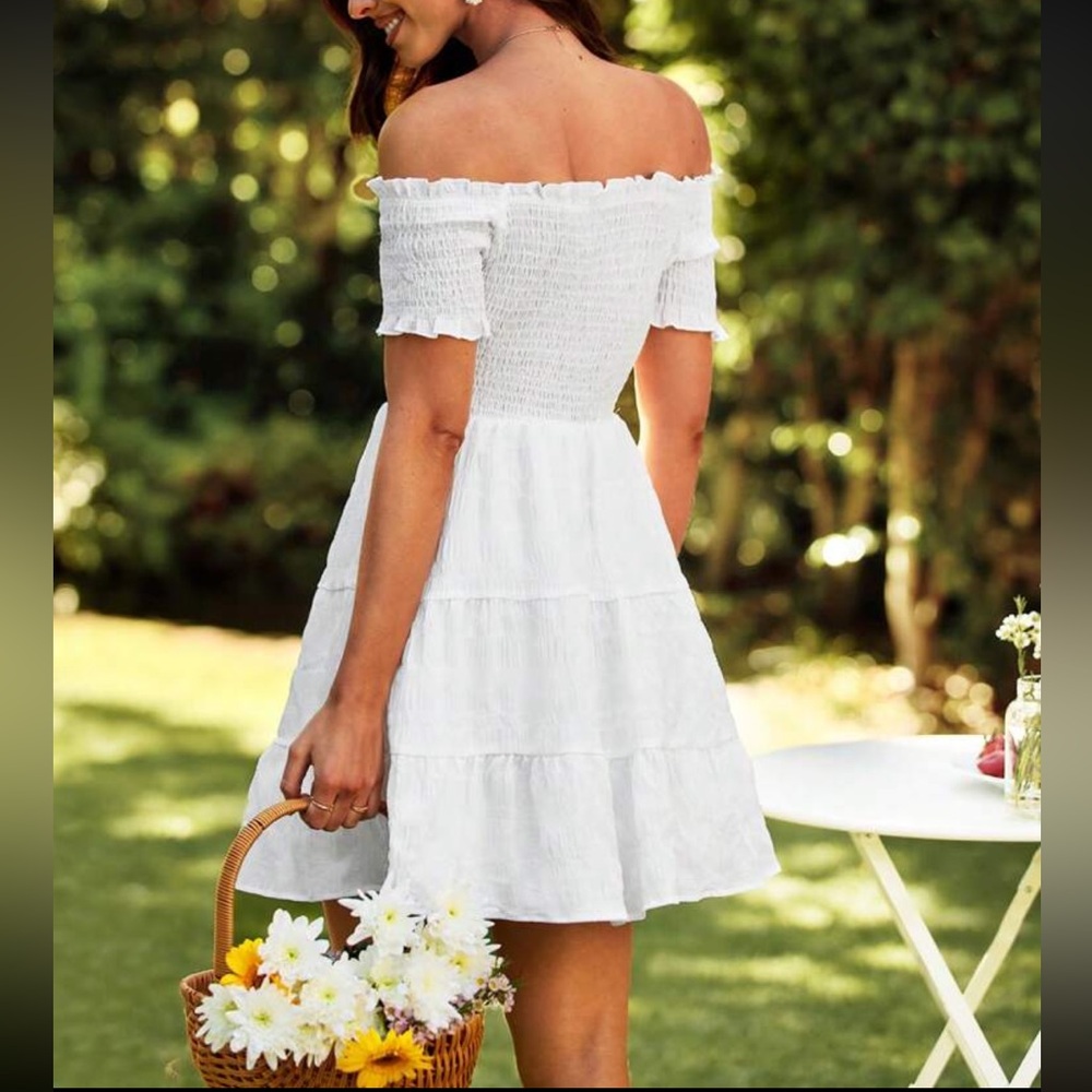 White Mini Sundress with Tiered Skirt and Off-the-Shoulder Neckline - Picture 2 of 12